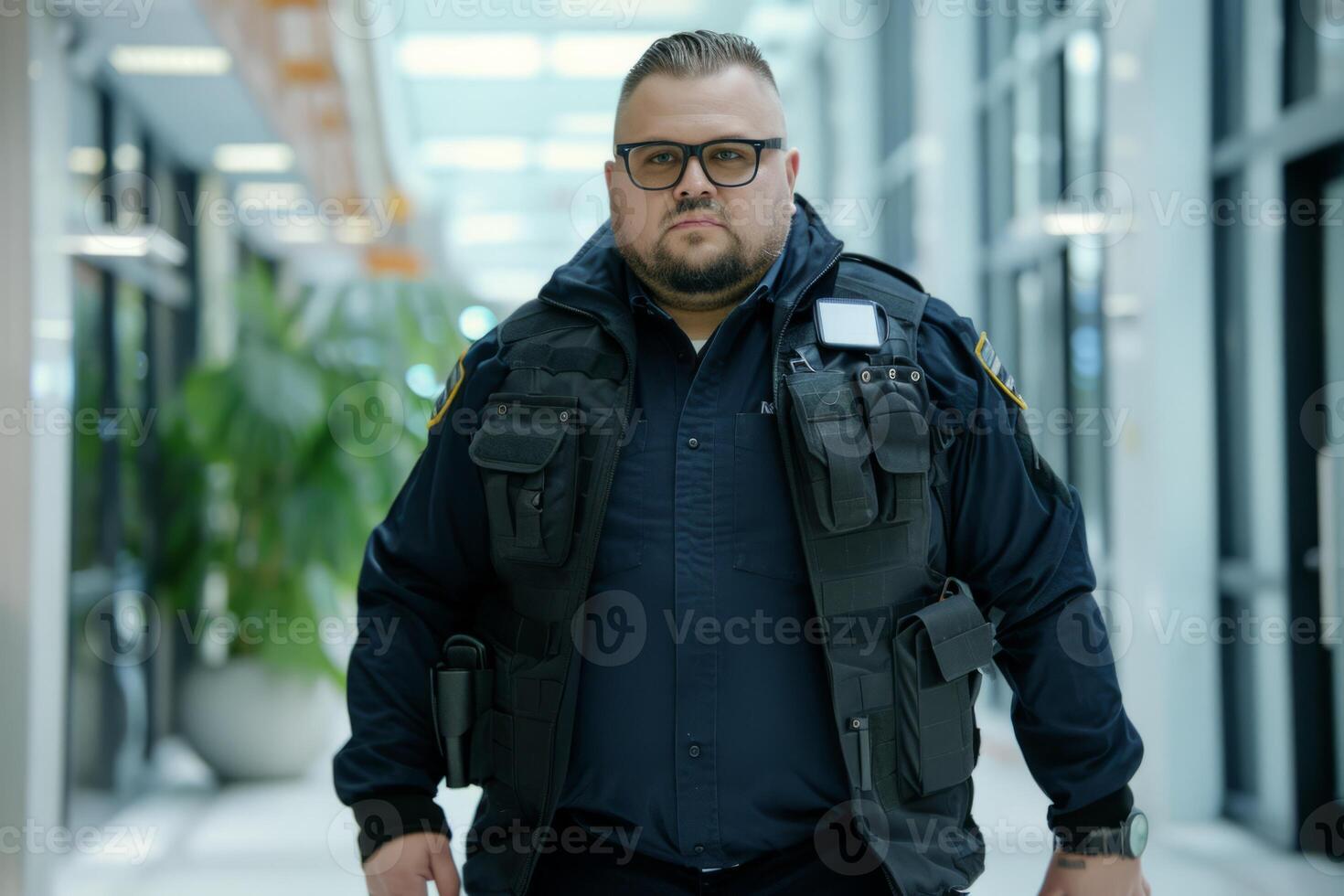 Security guard professional safety patrol man police employee mall safe business protect serve confident authority public space secure guarding agent staff shop convenience store grocery photo