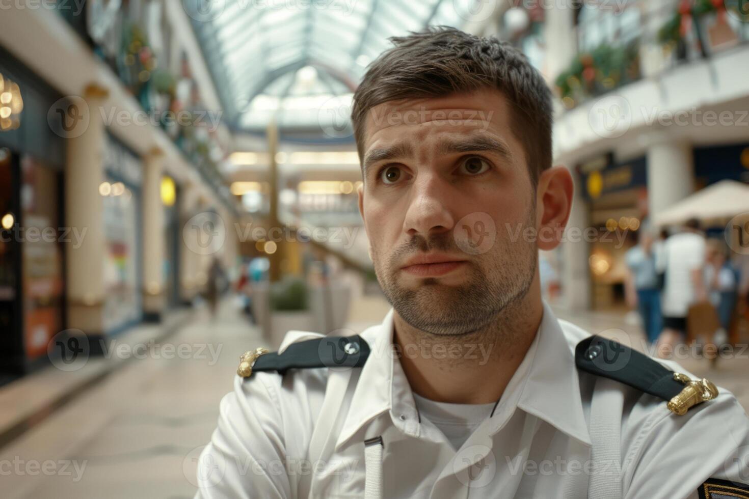 Security guard professional safety patrol man police employee mall safe business protect serve confident authority public space secure guarding agent staff shop convenience store grocery photo