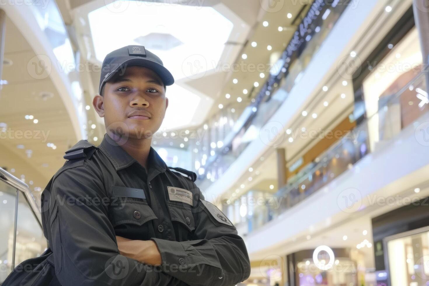 Security guard professional safety patrol man police employee mall safe business protect serve confident authority public space secure guarding agent staff shop convenience store grocery photo