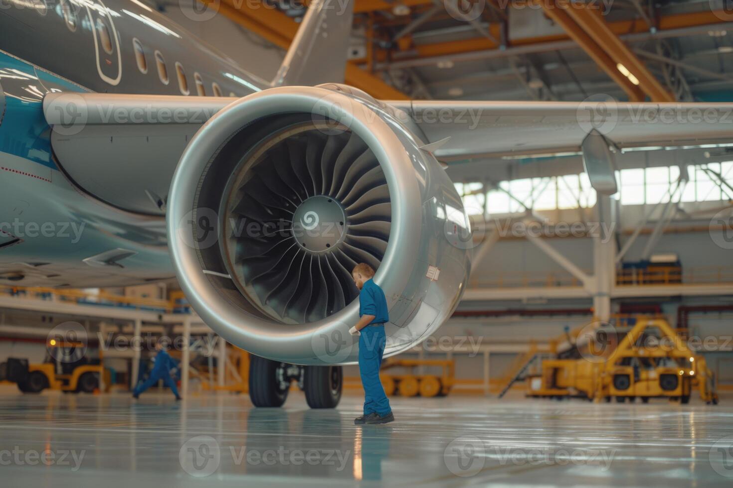 Skilled young airplane mechanic plane check engine avionics hangar industry technology experienced engineer safety scheduled maintenance transportation jet airport repair inspection photo