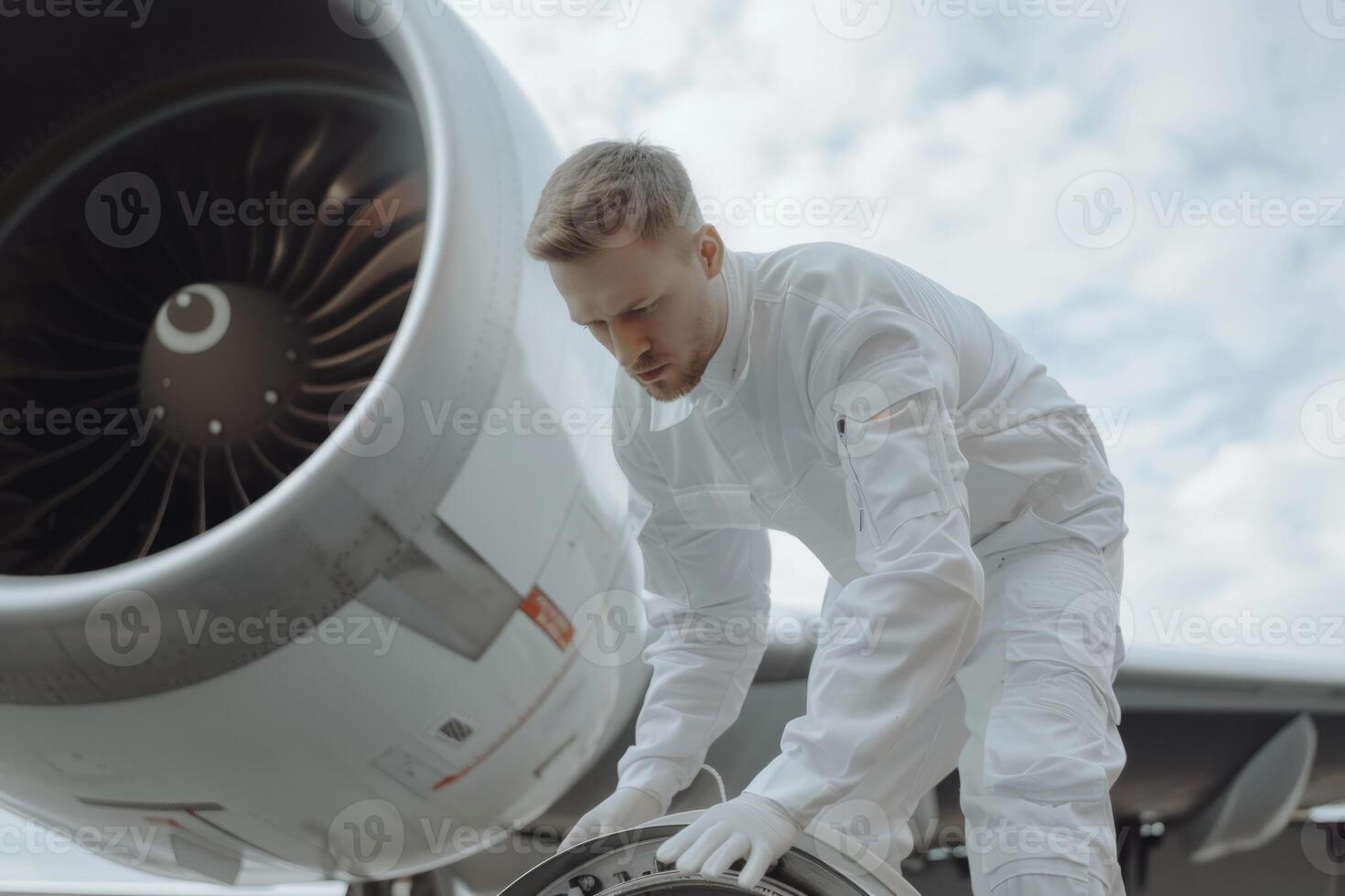 Skilled young airplane mechanic plane check engine avionics hangar industry technology experienced engineer safety scheduled maintenance transportation jet airport repair inspection photo