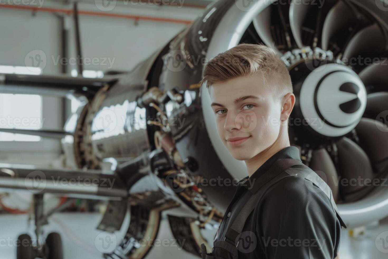 Skilled young airplane mechanic plane check engine avionics hangar industry technology experienced engineer safety scheduled maintenance transportation jet airport repair inspection photo