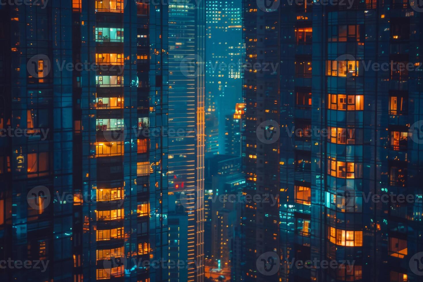 Modern office building windows lit in evening night early morning long working hours exhaustion overtime exterior urban architecture skyscraper lights tower financial sector banking hq photo