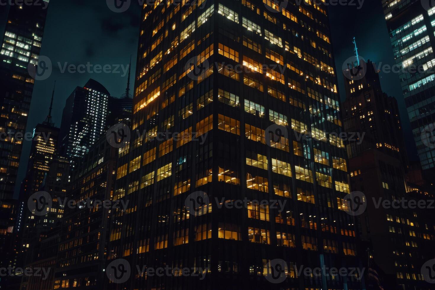 Modern office building windows lit in evening night early morning long working hours exhaustion overtime exterior urban architecture skyscraper lights tower financial sector banking hq photo