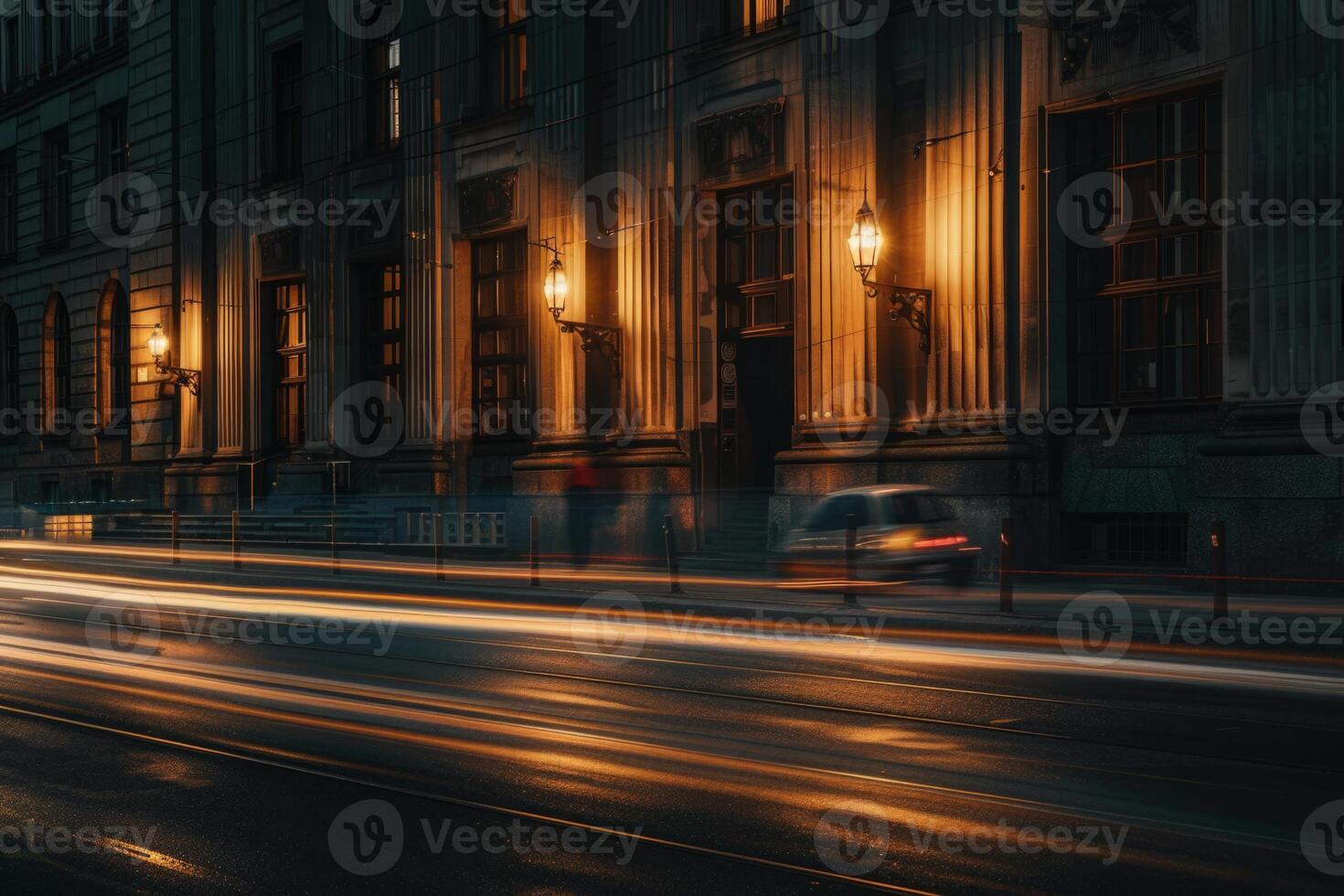 Modern office building windows lit in evening night early morning long working hours exhaustion overtime exterior urban architecture skyscraper lights tower financial sector banking hq photo