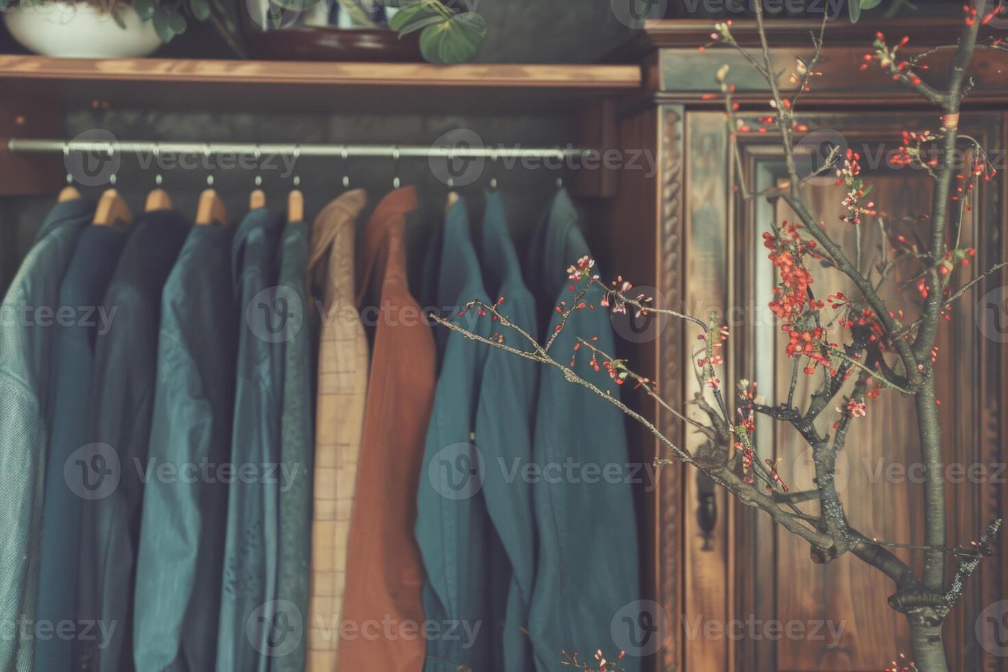 Stylish home wardrobe fashion aesthetic beauty thrifted clothing vintage modern luxury clothes garments room in apartment design lifestyle rack to choose dress hanging shirt pants jeans photo