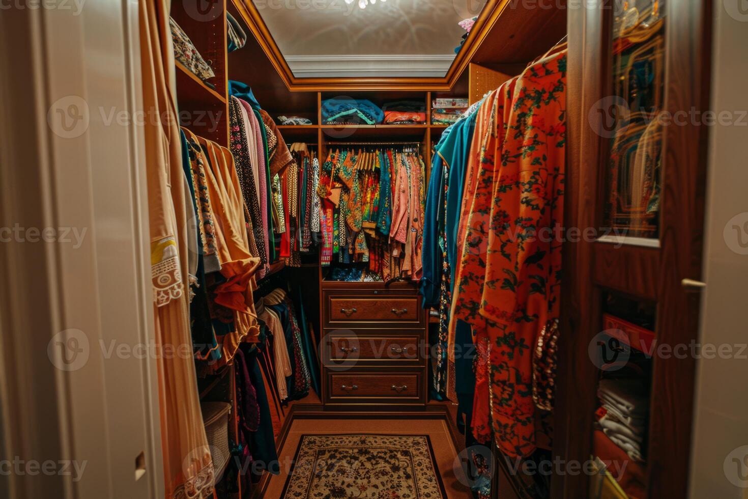 Stylish home wardrobe fashion aesthetic beauty thrifted clothing vintage modern luxury clothes garments room in apartment design lifestyle rack to choose dress hanging shirt pants jeans photo