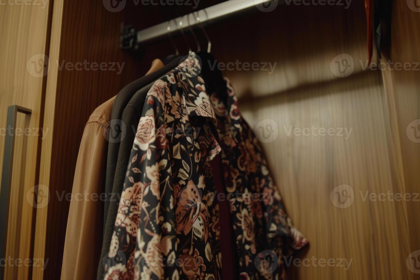 Stylish home wardrobe fashion aesthetic beauty thrifted clothing vintage modern luxury clothes garments room in apartment design lifestyle rack to choose dress hanging shirt pants jeans photo