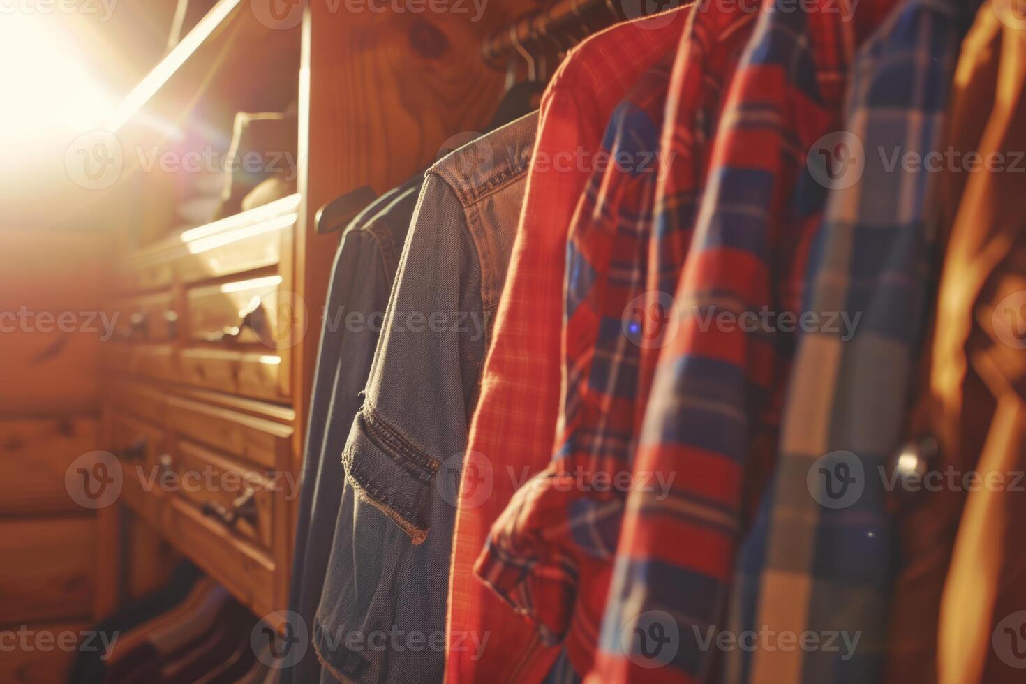 Stylish home wardrobe fashion aesthetic beauty thrifted clothing vintage modern luxury clothes garments room in apartment design lifestyle rack to choose dress hanging shirt pants jeans photo