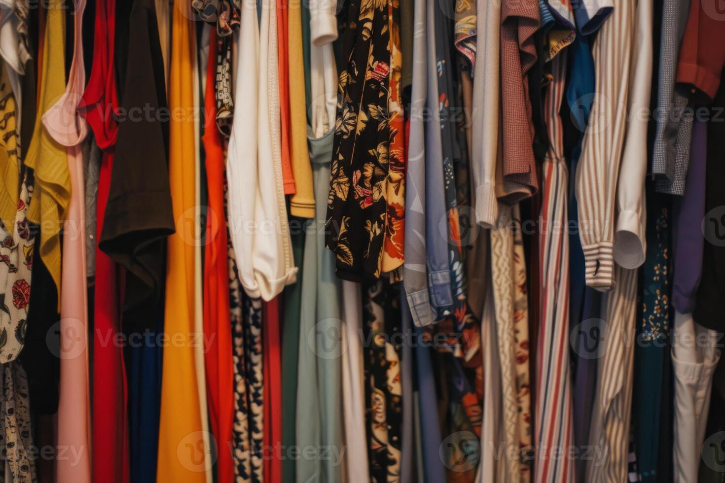Stylish home wardrobe fashion aesthetic beauty thrifted clothing vintage modern luxury clothes garments room in apartment design lifestyle rack to choose dress hanging shirt pants jeans photo