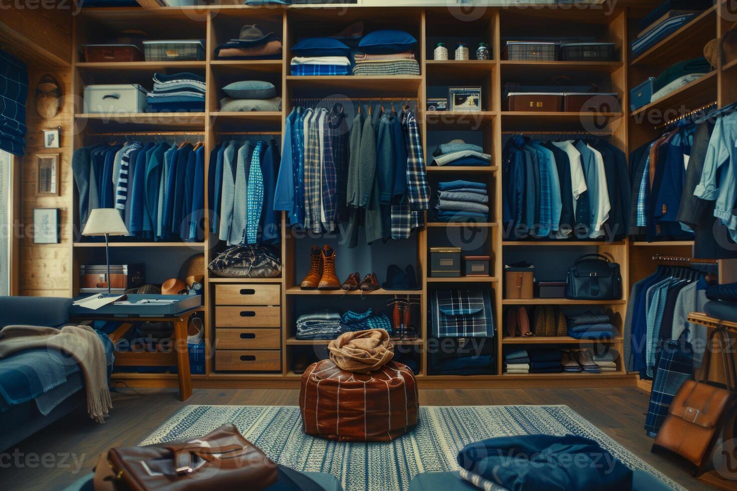 Stylish home wardrobe fashion aesthetic beauty thrifted clothing vintage modern luxury clothes garments room in apartment design lifestyle rack to choose dress hanging shirt pants jeans photo