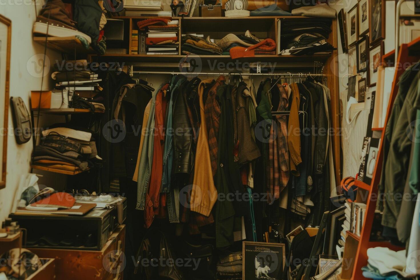 Stylish home wardrobe fashion aesthetic beauty thrifted clothing vintage modern luxury clothes garments room in apartment design lifestyle rack to choose dress hanging shirt pants jeans photo