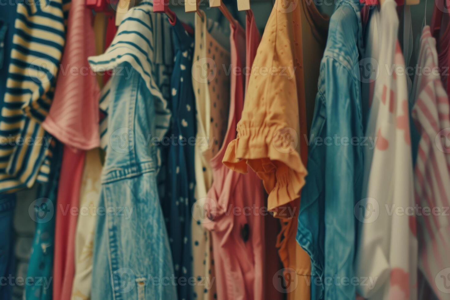 Stylish home wardrobe fashion aesthetic beauty thrifted clothing vintage modern luxury clothes garments room in apartment design lifestyle rack to choose dress hanging shirt pants jeans photo