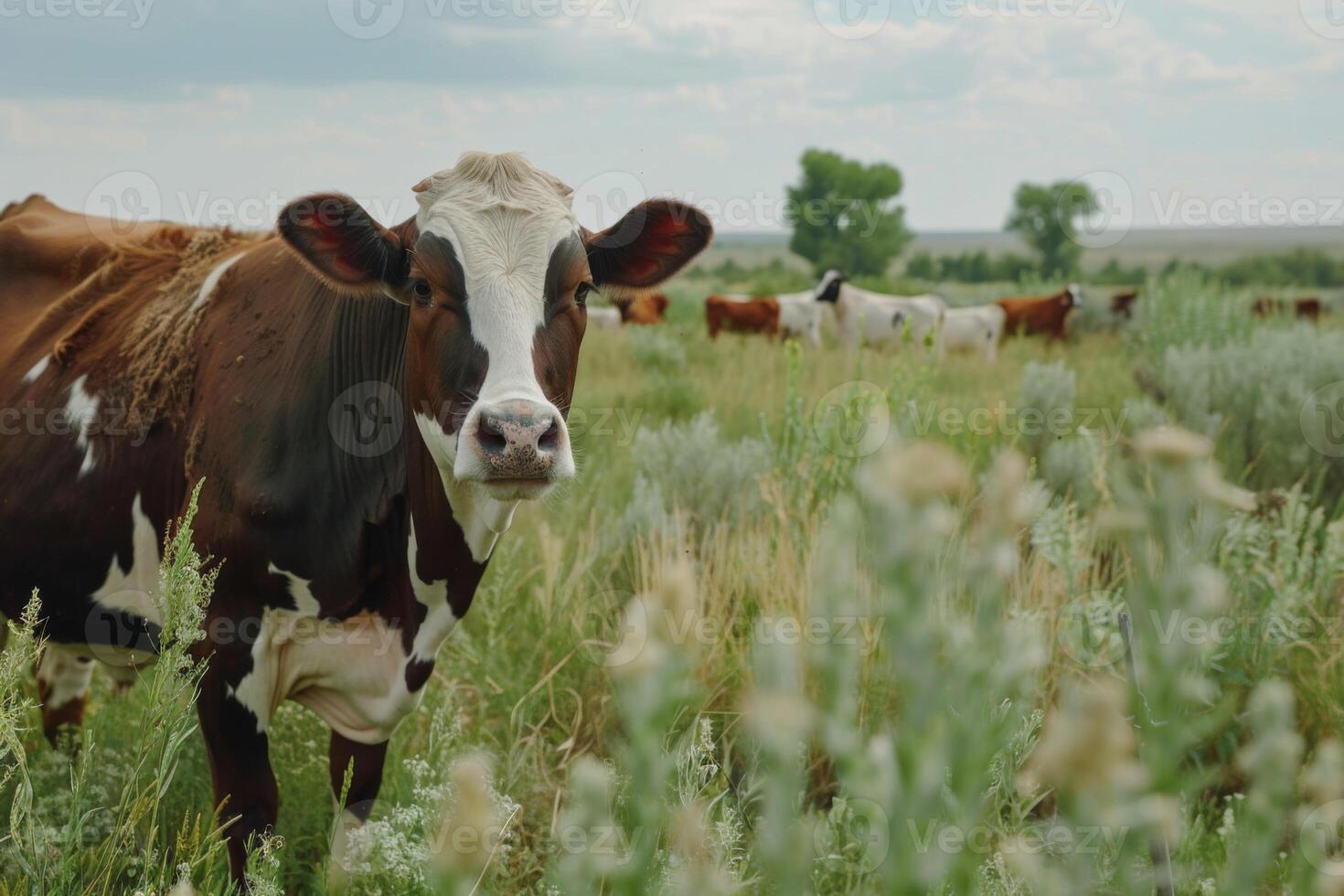 Cow goat pasture in a field ecological local farm no cruelty animal safety happiness herd flock milk eco environment sustainability humanity agriculture green forest meadows mountains photo