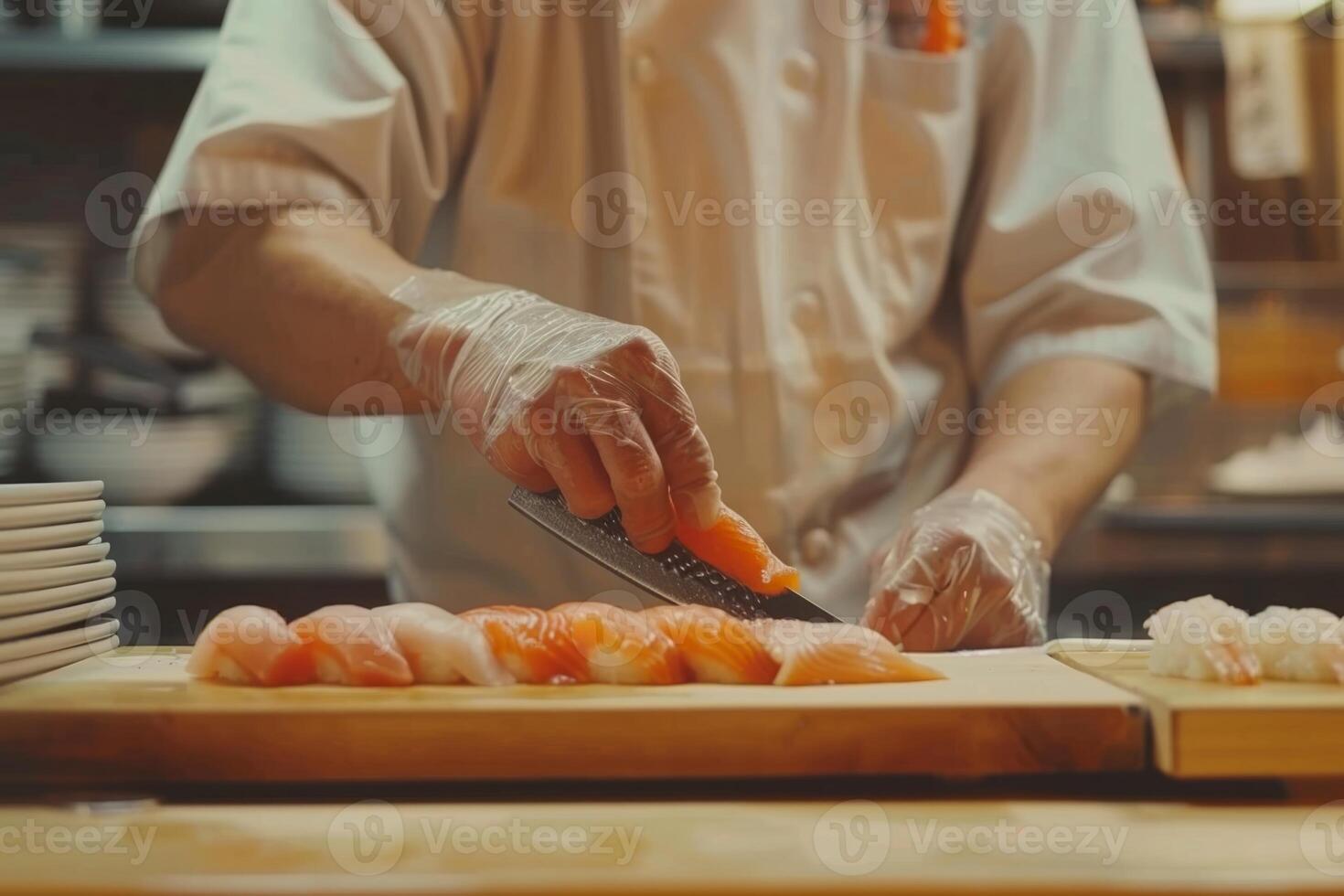 Skilled experienced japanese master chef preparing sushi rolls traditional cuisine restaurant bistro slicing fresh salmon fish tasty delicious gourmet dish seafood rice cook preparing photo