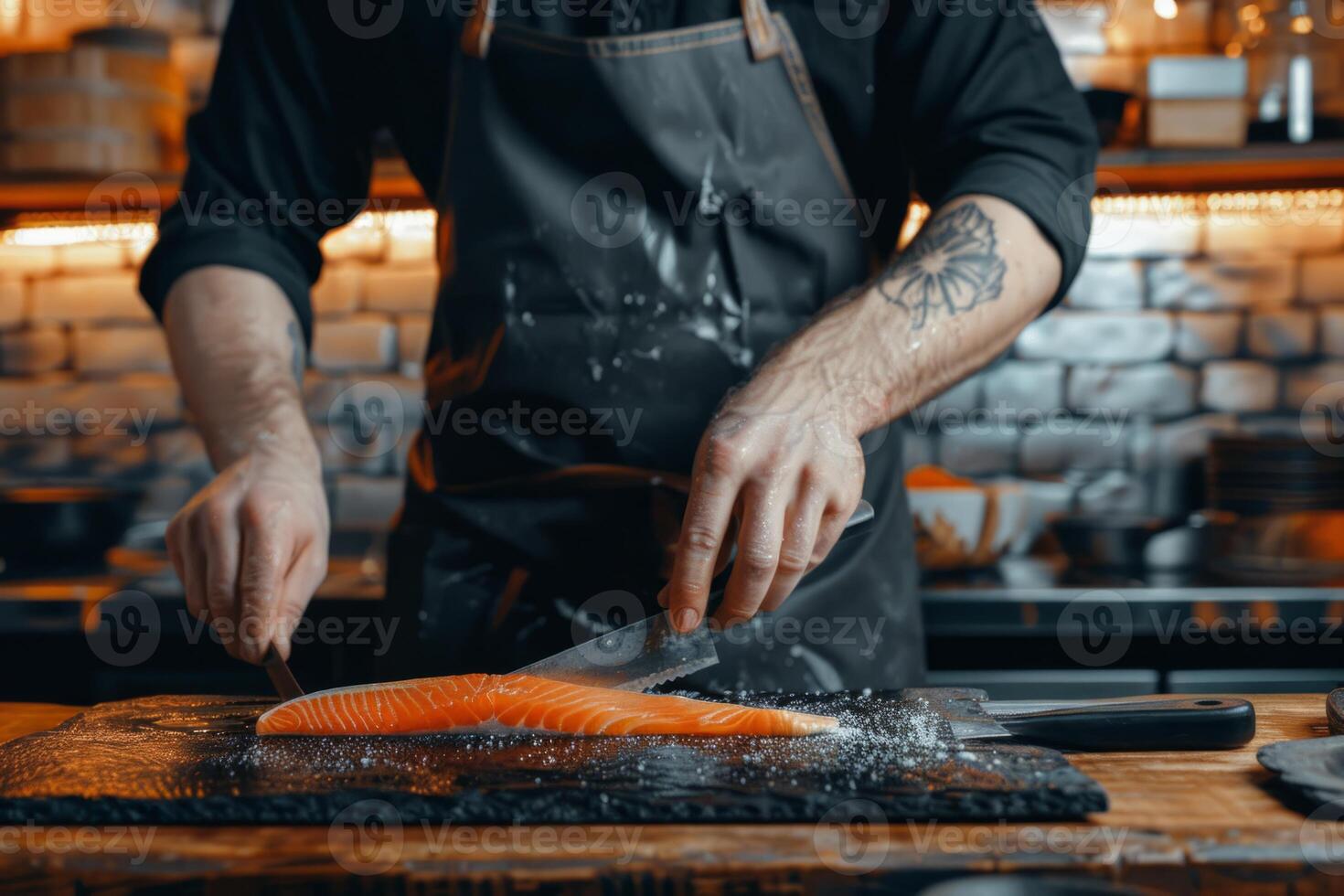 Skilled experienced japanese master chef preparing sushi rolls traditional cuisine restaurant bistro slicing fresh salmon fish tasty delicious gourmet dish seafood rice cook preparing photo