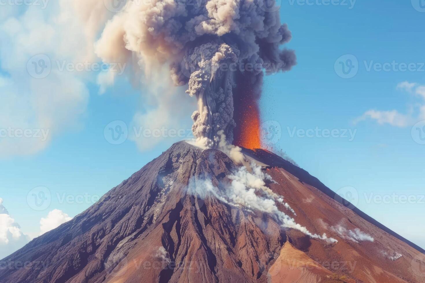 Volcanic eruption volcano erupting with smoke ashes old mountain peak sky covered with fumes natural disaster catastrophe exploding explosion national park lava photo