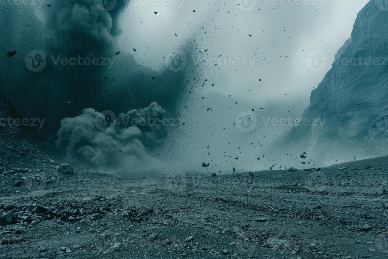 Volcanic eruption volcano erupting with smoke ashes old mountain peak sky covered with fumes natural disaster catastrophe exploding explosion national park lava photo