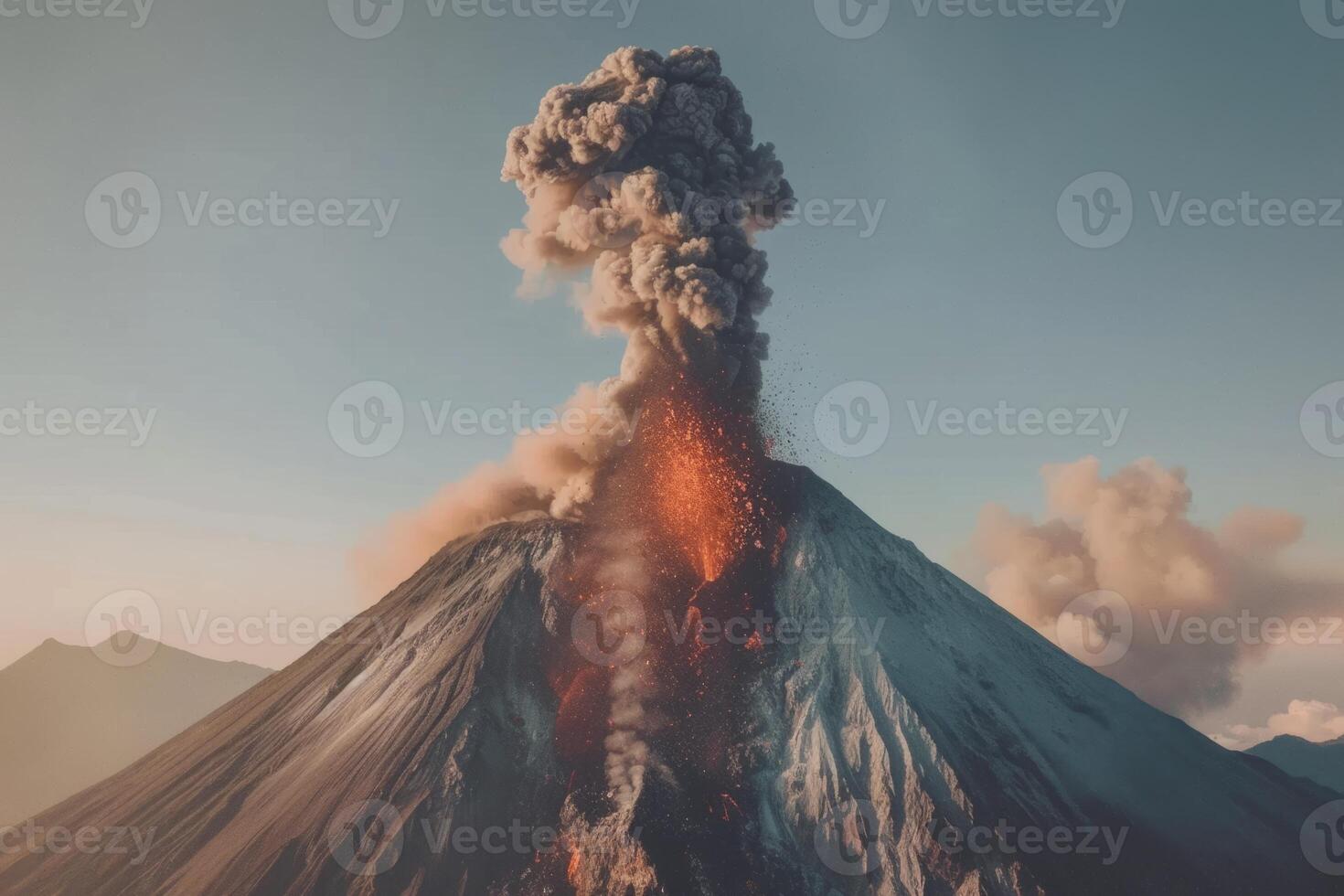 Volcanic eruption volcano erupting with smoke ashes old mountain peak sky covered with fumes natural disaster catastrophe exploding explosion national park lava photo