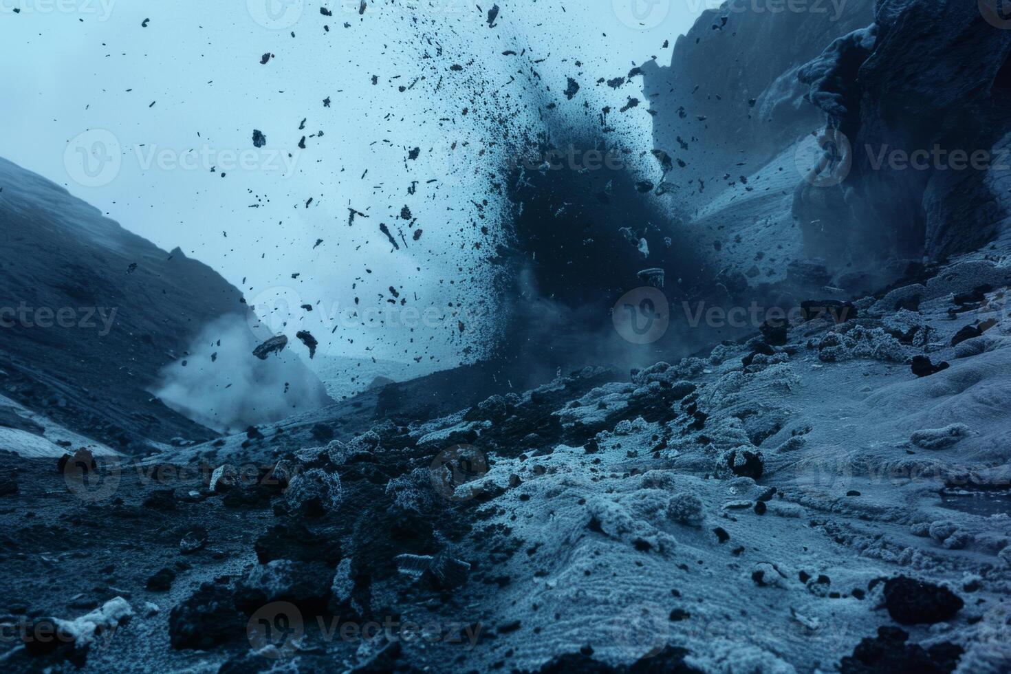 Volcanic eruption volcano erupting with smoke ashes old mountain peak sky covered with fumes natural disaster catastrophe exploding explosion national park lava photo