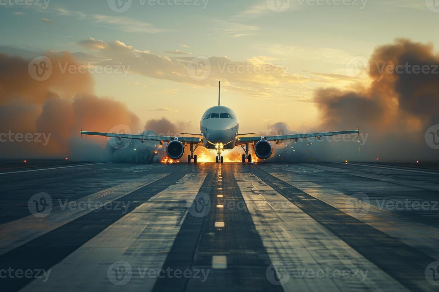 Plane crash airplane on runway catastrophe burning wrecks engine fire failure explosion fuel danger rescuing passengers commercial jet accident takeoff landing collision photo