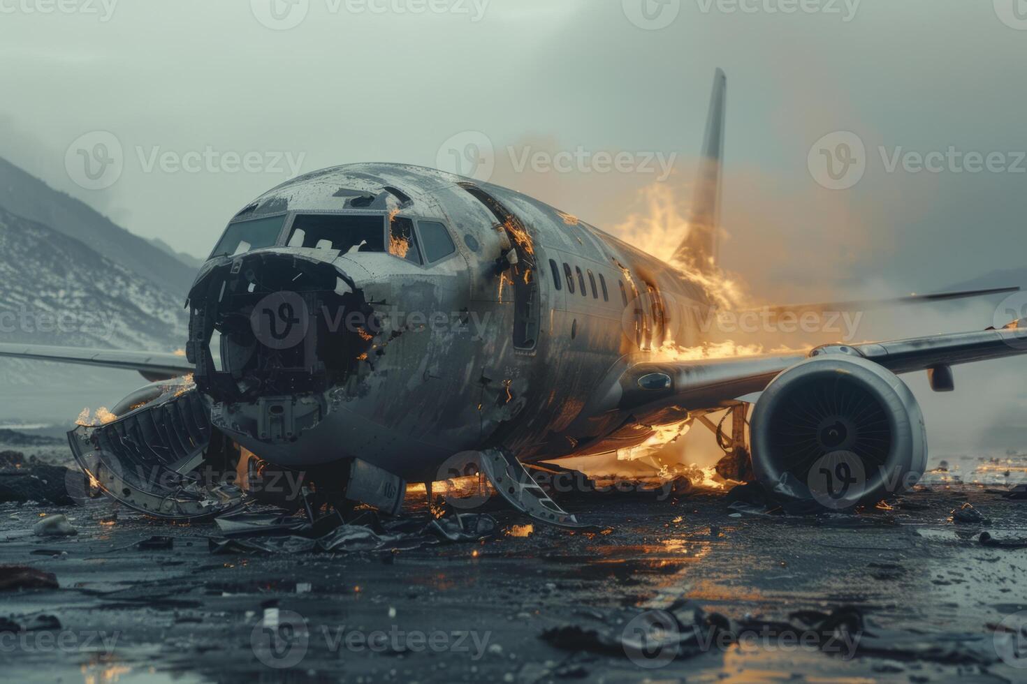 Plane crash airplane on runway catastrophe burning wrecks engine fire failure explosion fuel danger rescuing passengers commercial jet accident takeoff landing collision photo