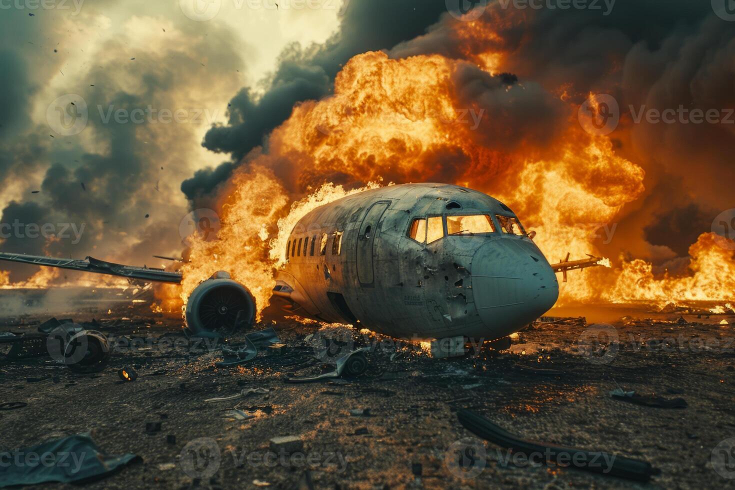 Plane crash airplane on runway catastrophe burning wrecks engine fire failure explosion fuel danger rescuing passengers commercial jet accident takeoff landing collision photo