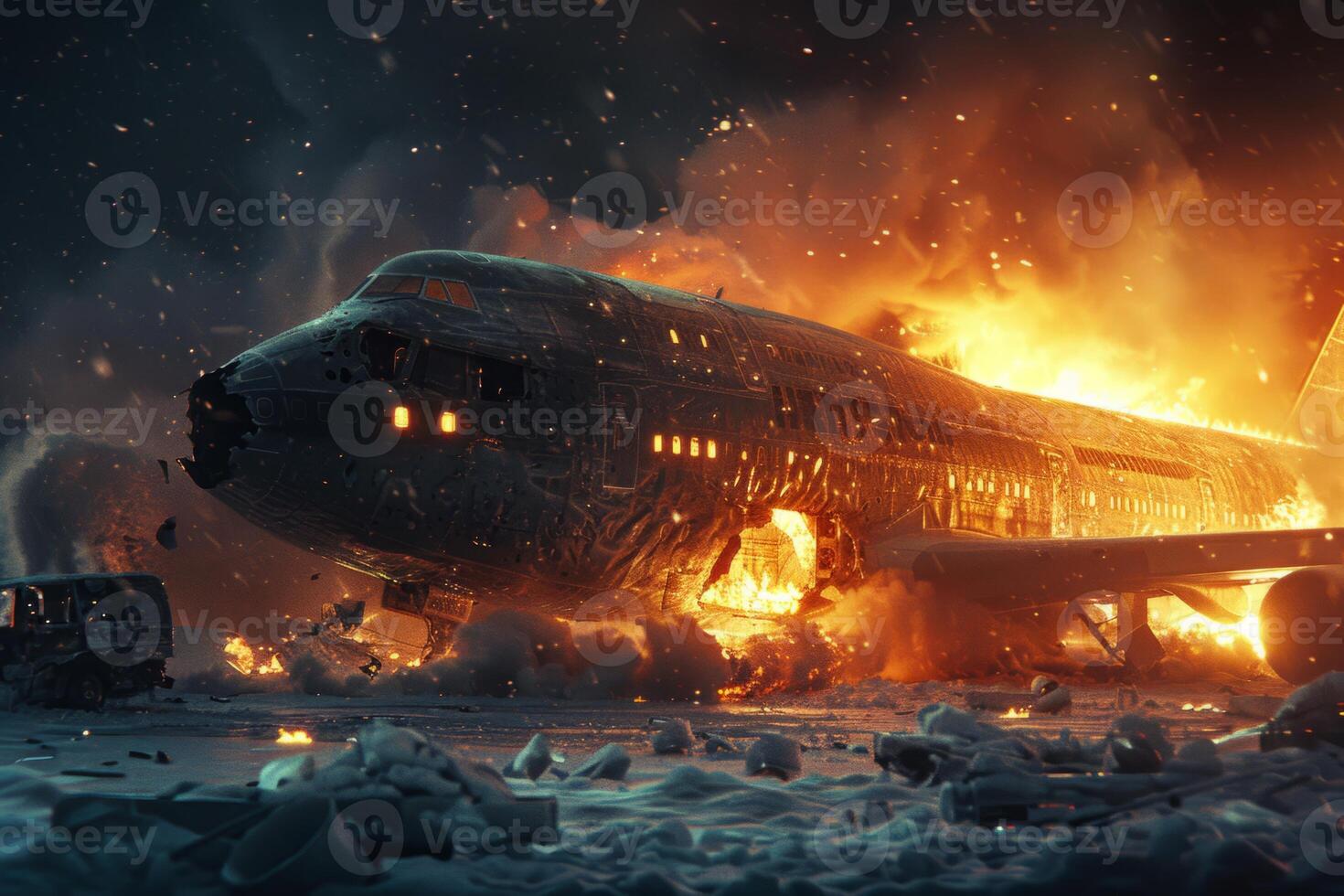 Plane crash airplane on runway catastrophe burning wrecks engine fire failure explosion fuel danger rescuing passengers commercial jet accident takeoff landing collision photo