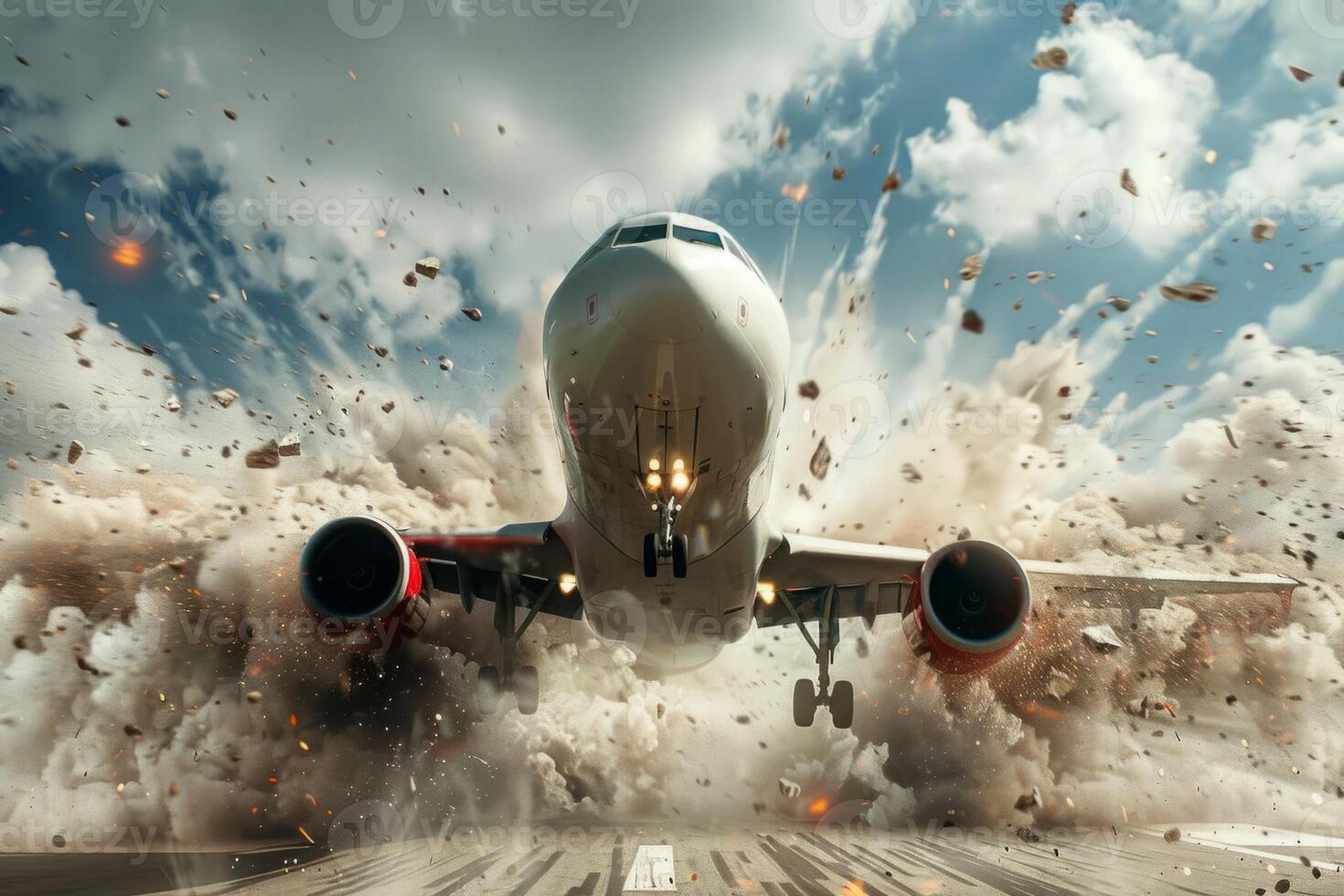 Plane crash airplane on runway catastrophe burning wrecks engine fire failure explosion fuel danger rescuing passengers commercial jet accident takeoff landing collision photo