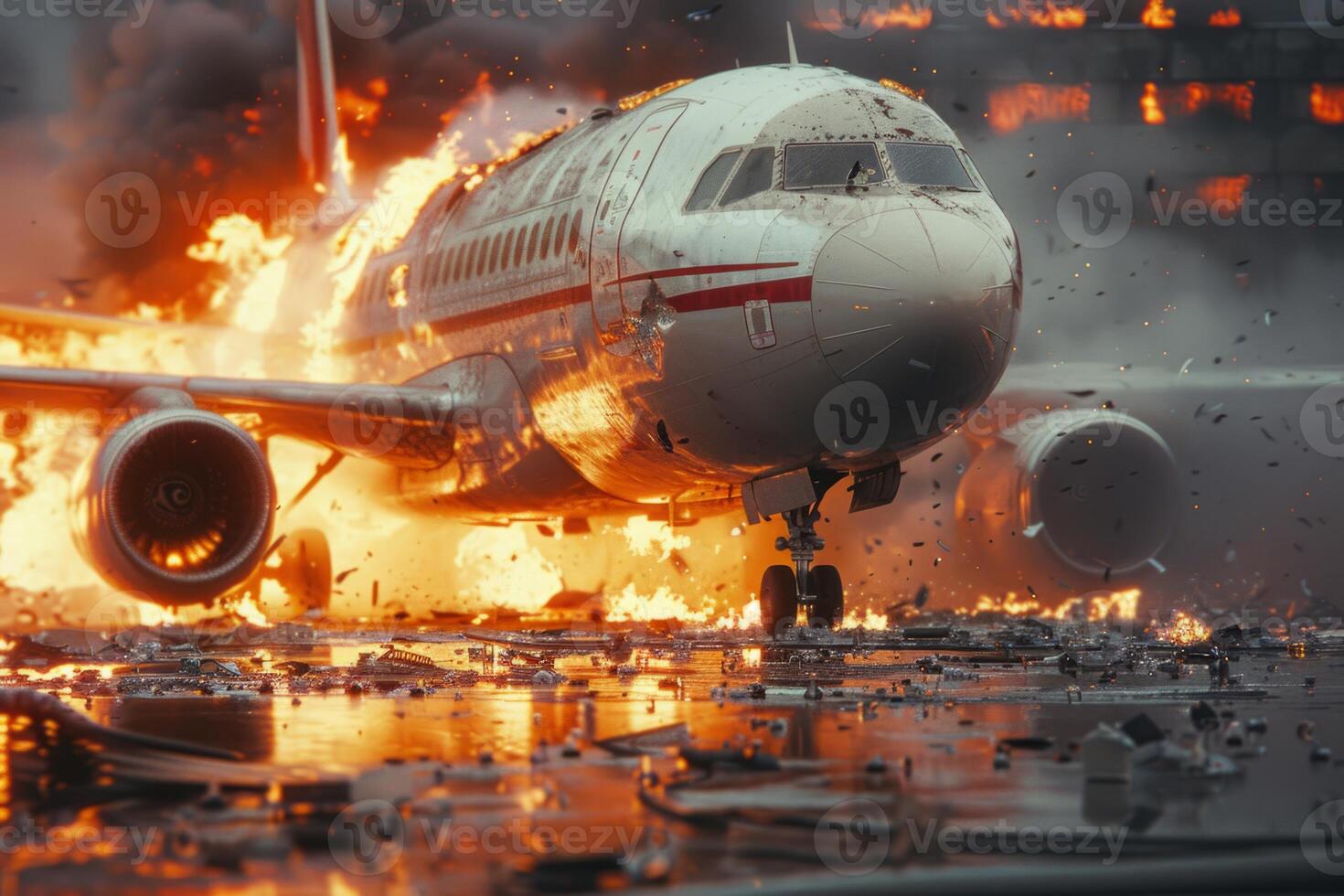 Plane crash airplane on runway catastrophe burning wrecks engine fire failure explosion fuel danger rescuing passengers commercial jet accident takeoff landing collision photo