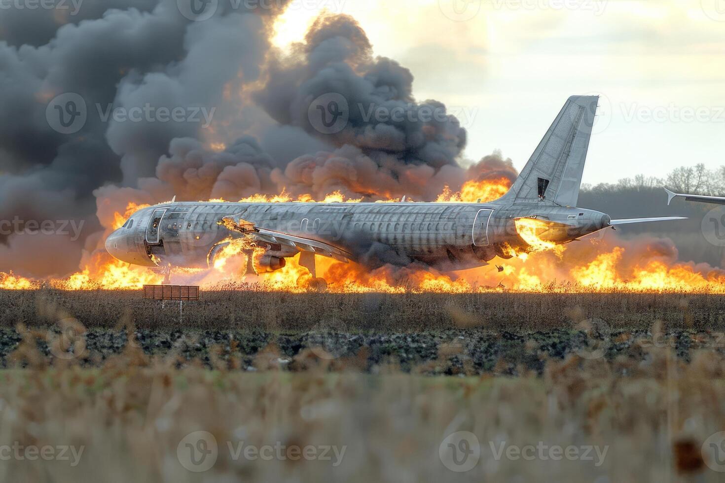 Plane crash airplane on runway catastrophe burning wrecks engine fire failure explosion fuel danger rescuing passengers commercial jet accident takeoff landing collision photo