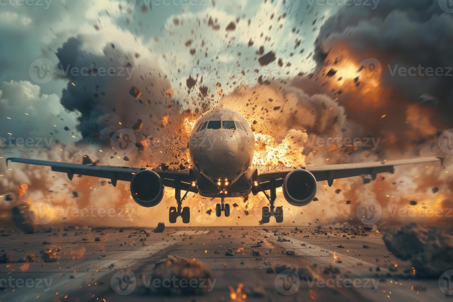 Plane crash airplane on runway catastrophe burning wrecks engine fire failure explosion fuel danger rescuing passengers commercial jet accident takeoff landing collision photo