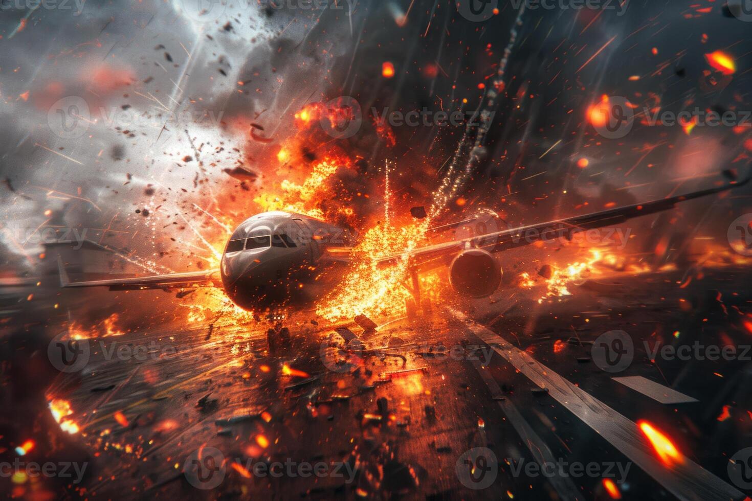 Plane crash airplane on runway catastrophe burning wrecks engine fire failure explosion fuel danger rescuing passengers commercial jet accident takeoff landing collision photo