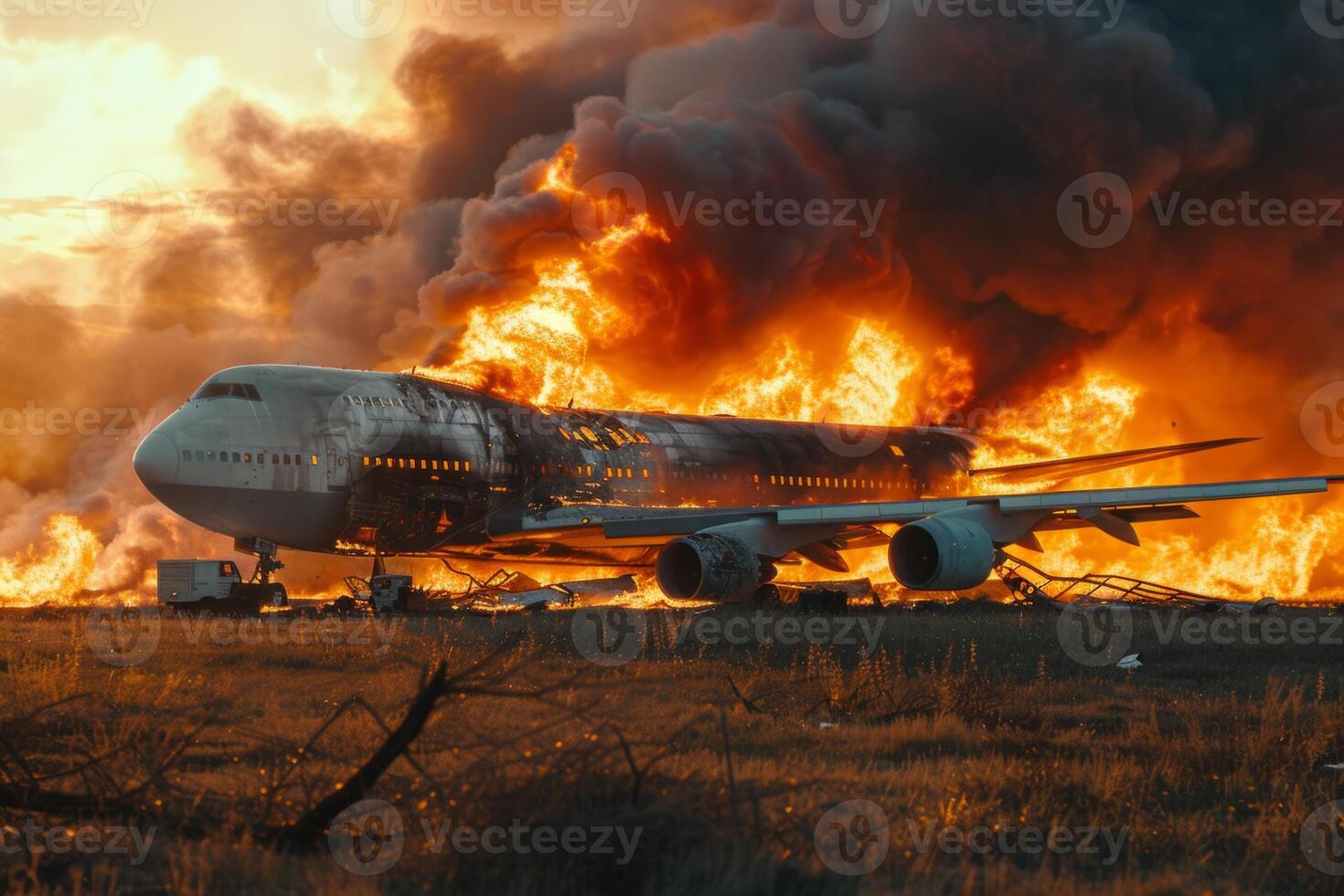 Plane crash airplane on runway catastrophe burning wrecks engine fire failure explosion fuel danger rescuing passengers commercial jet accident takeoff landing collision photo