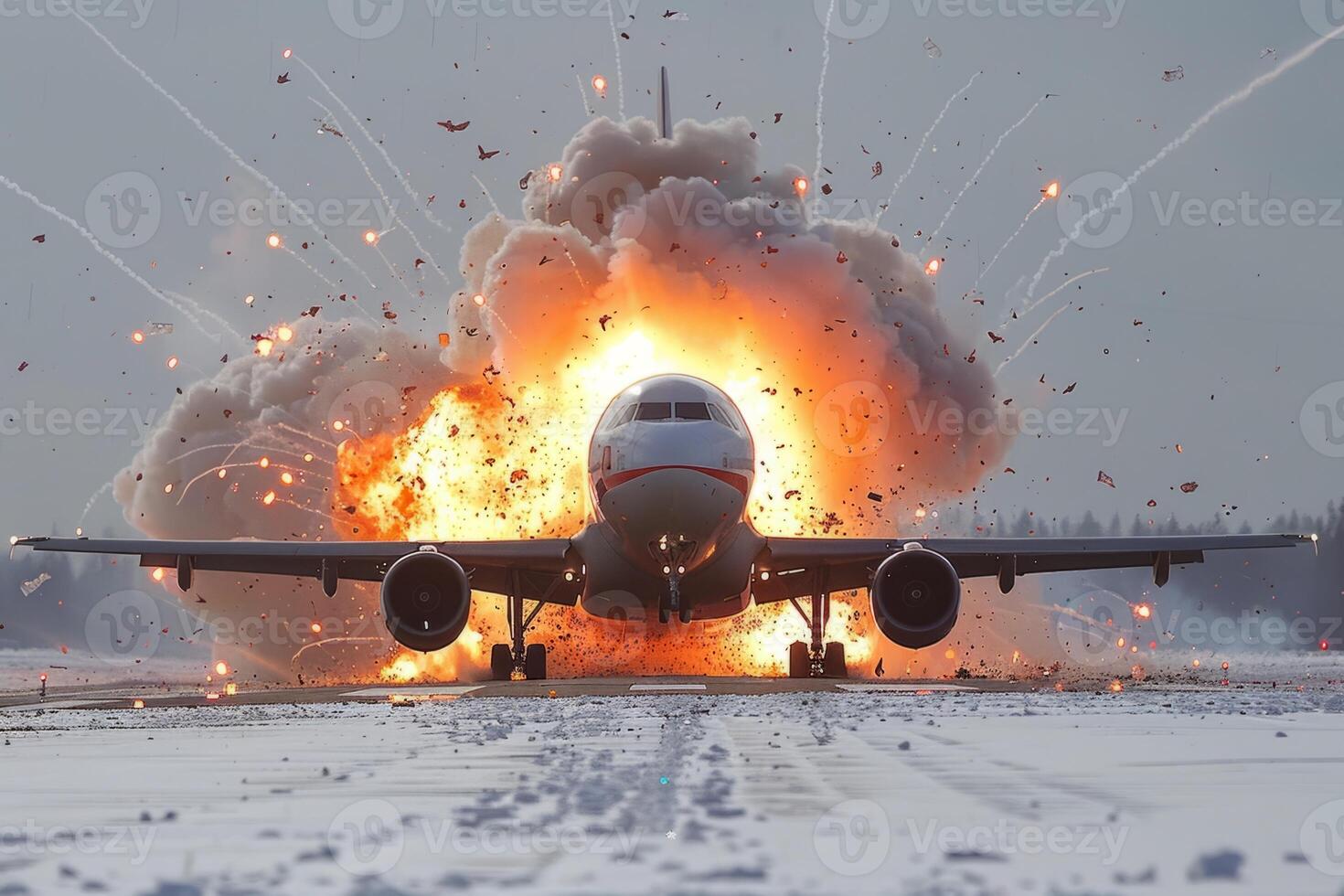 Plane crash airplane on runway catastrophe burning wrecks engine fire failure explosion fuel danger rescuing passengers commercial jet accident takeoff landing collision photo