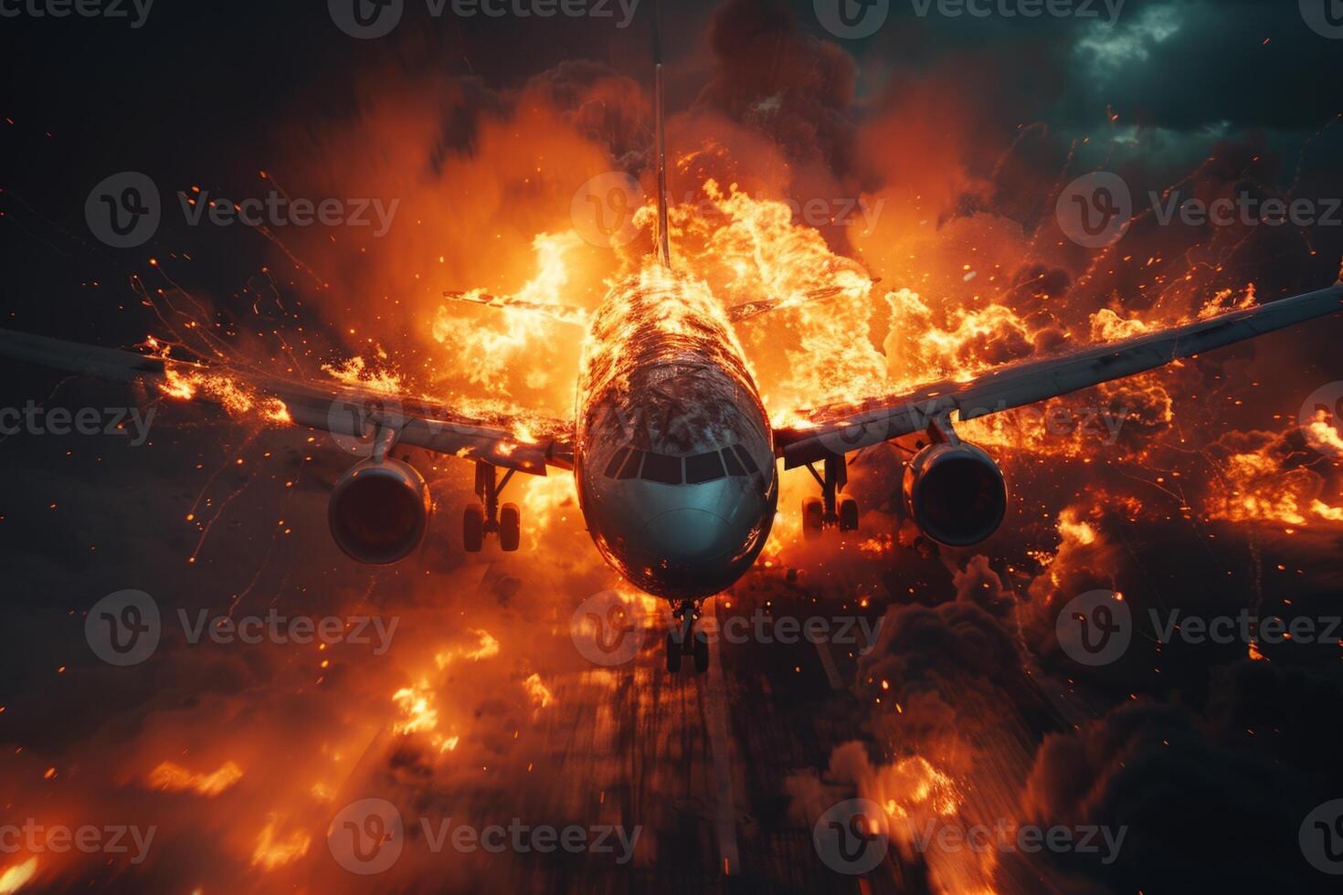Plane crash airplane on runway catastrophe burning wrecks engine fire failure explosion fuel danger rescuing passengers commercial jet accident takeoff landing collision photo