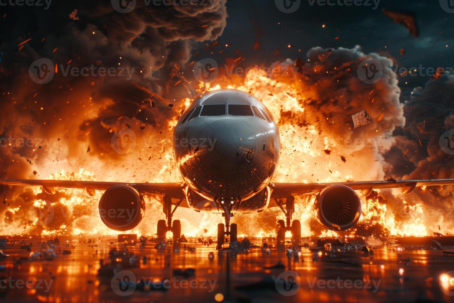Plane crash airplane on runway catastrophe burning wrecks engine fire failure explosion fuel danger rescuing passengers commercial jet accident takeoff landing collision photo