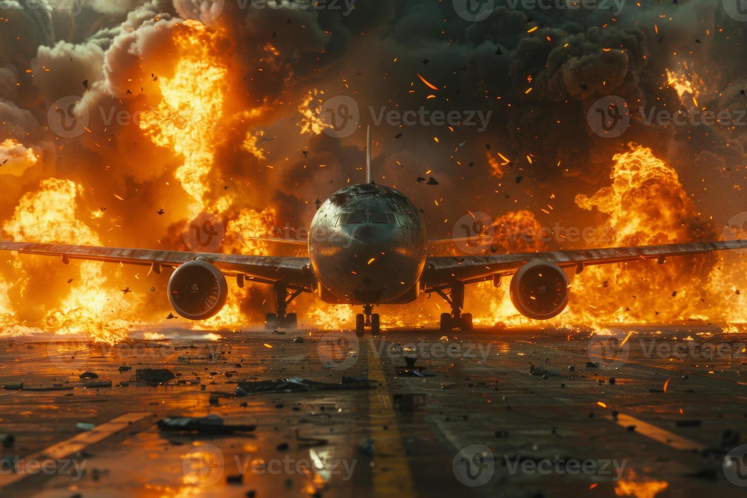 Plane crash airplane on runway catastrophe burning wrecks engine fire failure explosion fuel danger rescuing passengers commercial jet accident takeoff landing collision photo