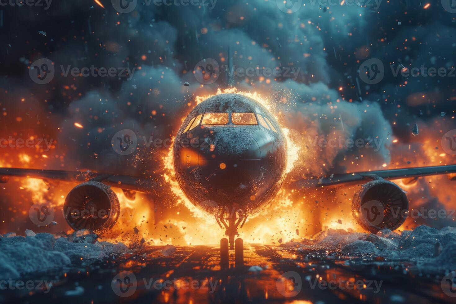 Plane crash airplane on runway catastrophe burning wrecks engine fire failure explosion fuel danger rescuing passengers commercial jet accident takeoff landing collision photo