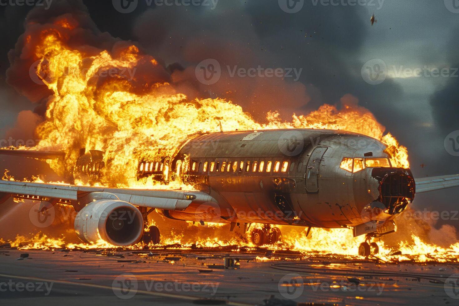 Plane crash airplane on runway catastrophe burning wrecks engine fire failure explosion fuel danger rescuing passengers commercial jet accident takeoff landing collision photo