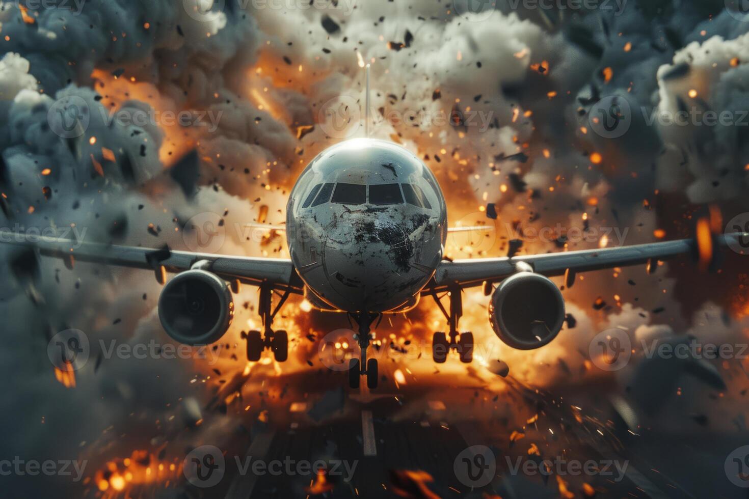 Plane crash airplane on runway catastrophe burning wrecks engine fire failure explosion fuel danger rescuing passengers commercial jet accident takeoff landing collision photo