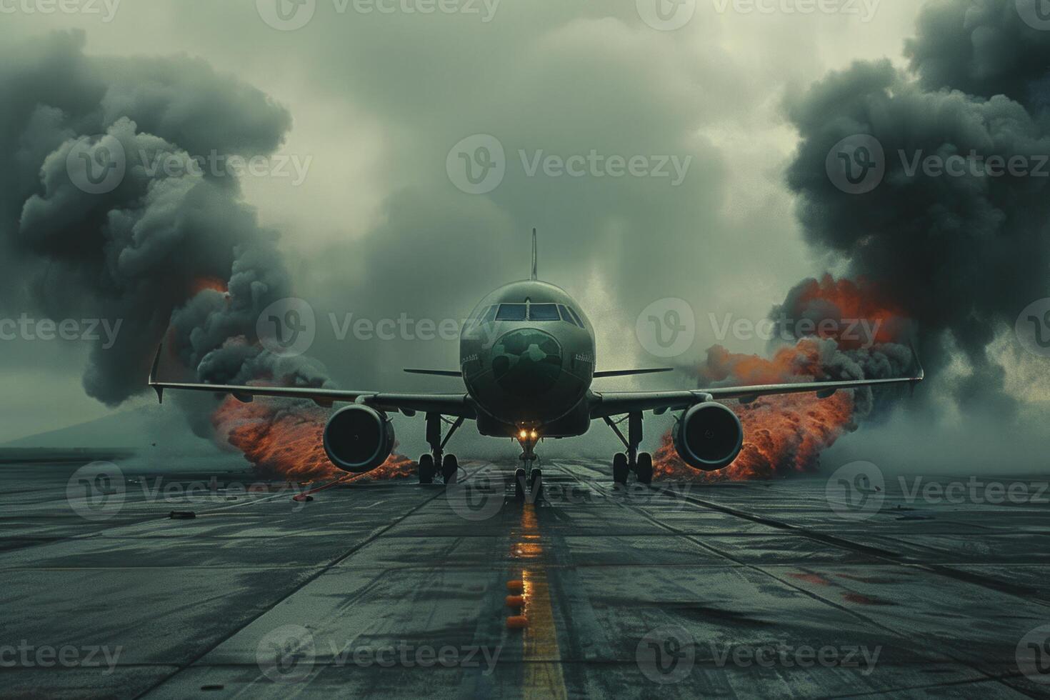 Plane crash airplane on runway catastrophe burning wrecks engine fire failure explosion fuel danger rescuing passengers commercial jet accident takeoff landing collision photo