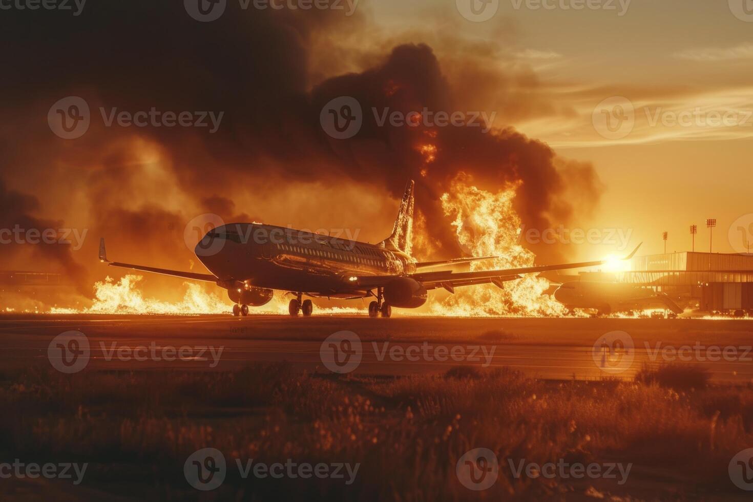 Plane crash airplane on runway catastrophe burning wrecks engine fire failure explosion fuel danger rescuing passengers commercial jet accident takeoff landing collision photo