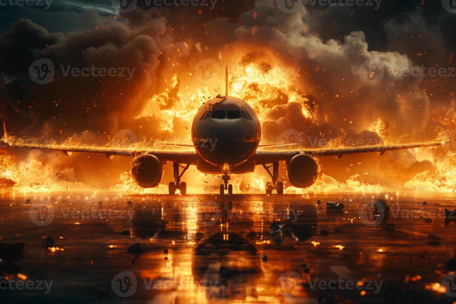 Plane crash airplane on runway catastrophe burning wrecks engine fire failure explosion fuel danger rescuing passengers commercial jet accident takeoff landing collision photo