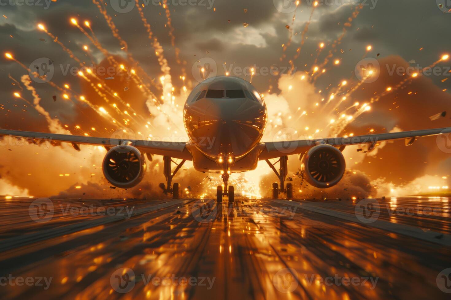 Plane crash airplane on runway catastrophe burning wrecks engine fire failure explosion fuel danger rescuing passengers commercial jet accident takeoff landing collision photo