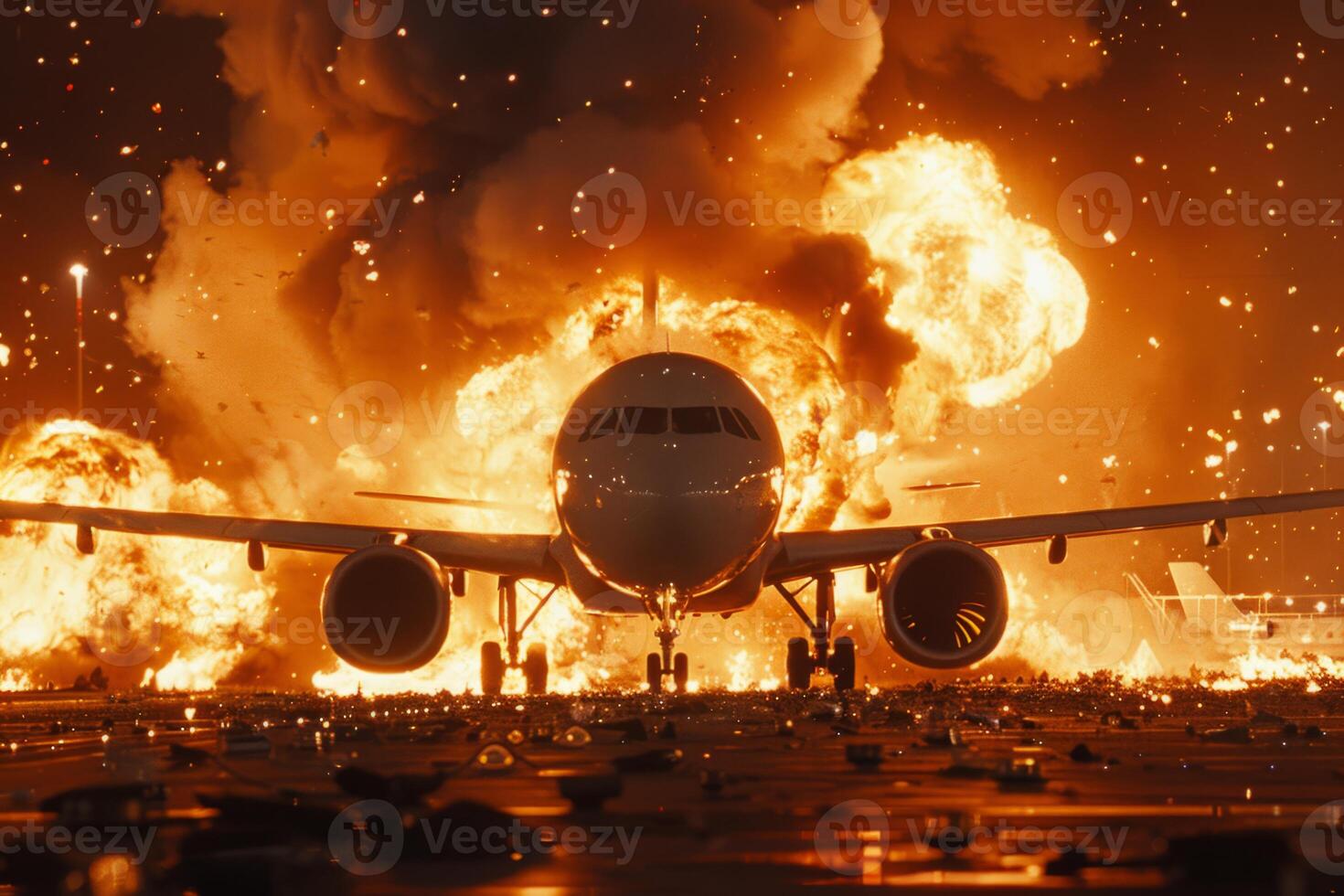 Plane crash airplane on runway catastrophe burning wrecks engine fire failure explosion fuel danger rescuing passengers commercial jet accident takeoff landing collision photo