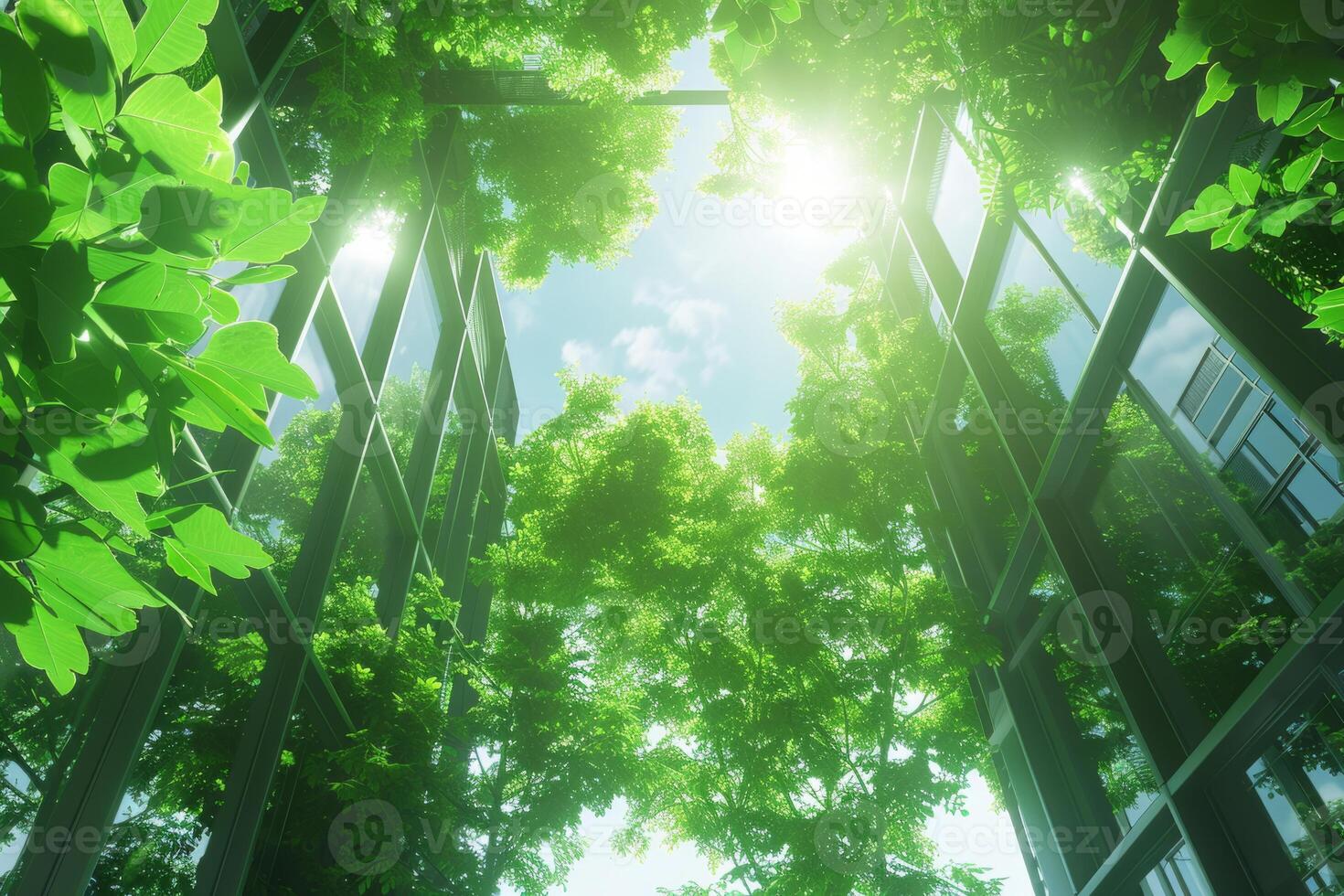 Environmentally friendly green city architecture skyscraper design urban planning nature leaves trees plants oxygen producing vertical garden eco-aware buildings tall modern town photo