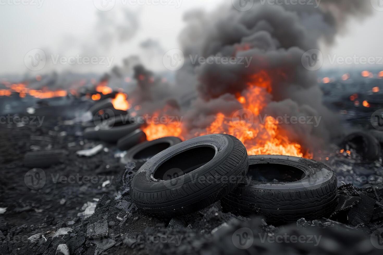 Toxic landfill full of rubber burning tires junkyard pollution waste disposal environmental disaster government regulation eco awareness threat plastic dump smoke fire damage to nature photo
