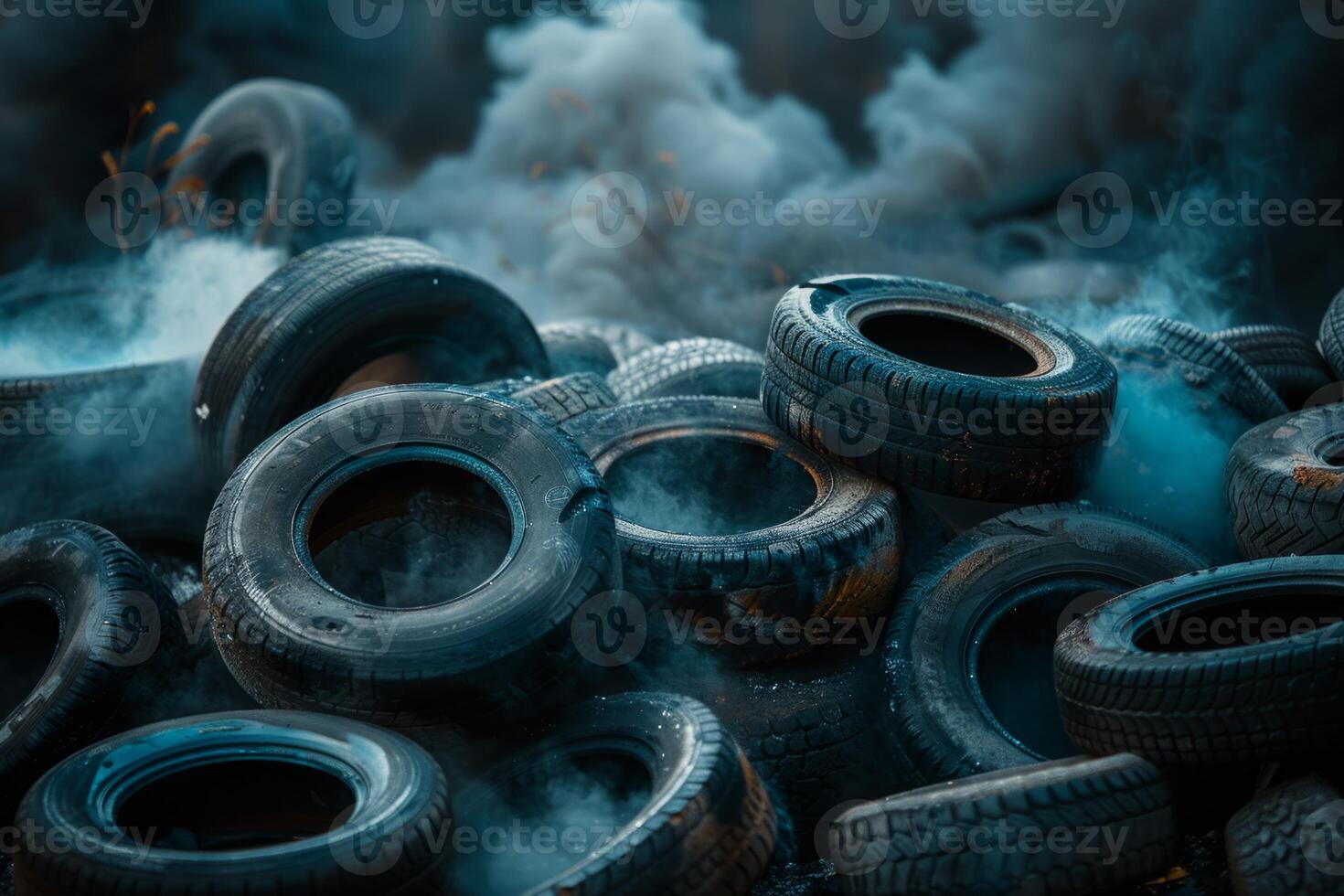 Toxic landfill full of rubber burning tires junkyard pollution waste disposal environmental disaster government regulation eco awareness threat plastic dump smoke fire damage to nature photo