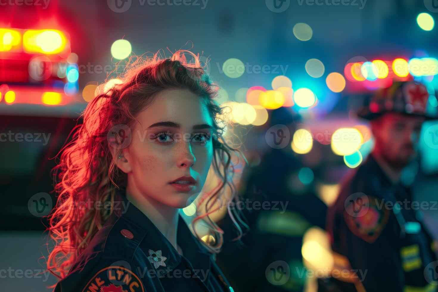 Professional paramedic doctor ambulance rescue service person help accident quick assistance emergency health care specialist standing female medic hospital nurse experienced urgent photo